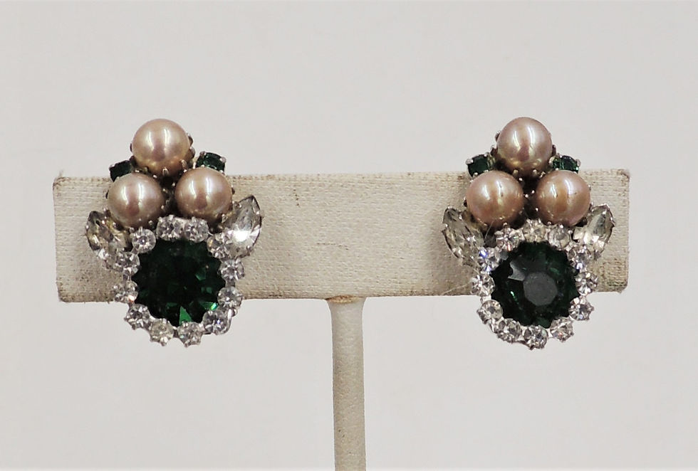 Thumbnail: 1960s Hobe Rhodium Plated Faux-Emerald & Pearl Clip Earrings
