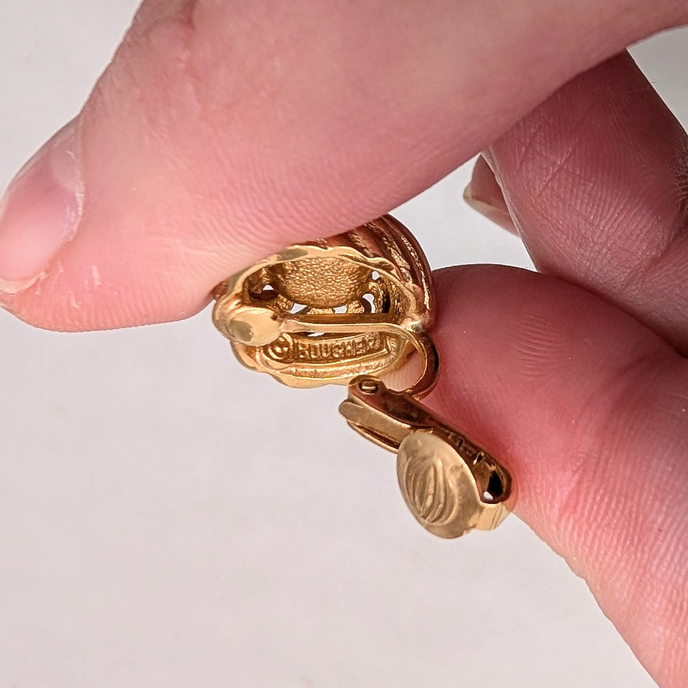 Thumbnail: Vintage 1960s Signed Boucher Round Goldtone Faux-Pearl & Turquoise Clip Earrings