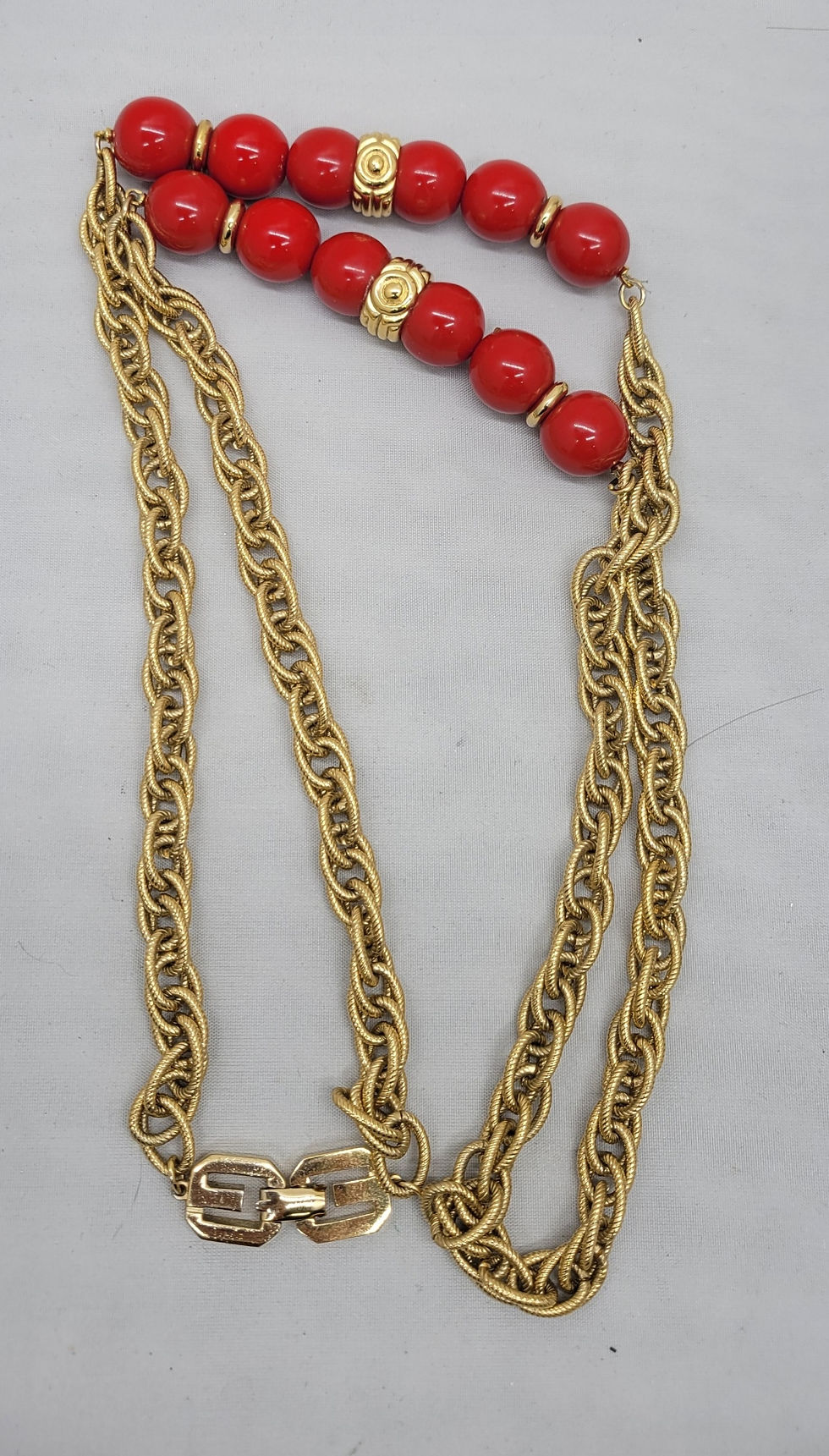 Thumbnail: Vintage 1977 Signed Givenchy Goldtone Red Sautoir Necklace