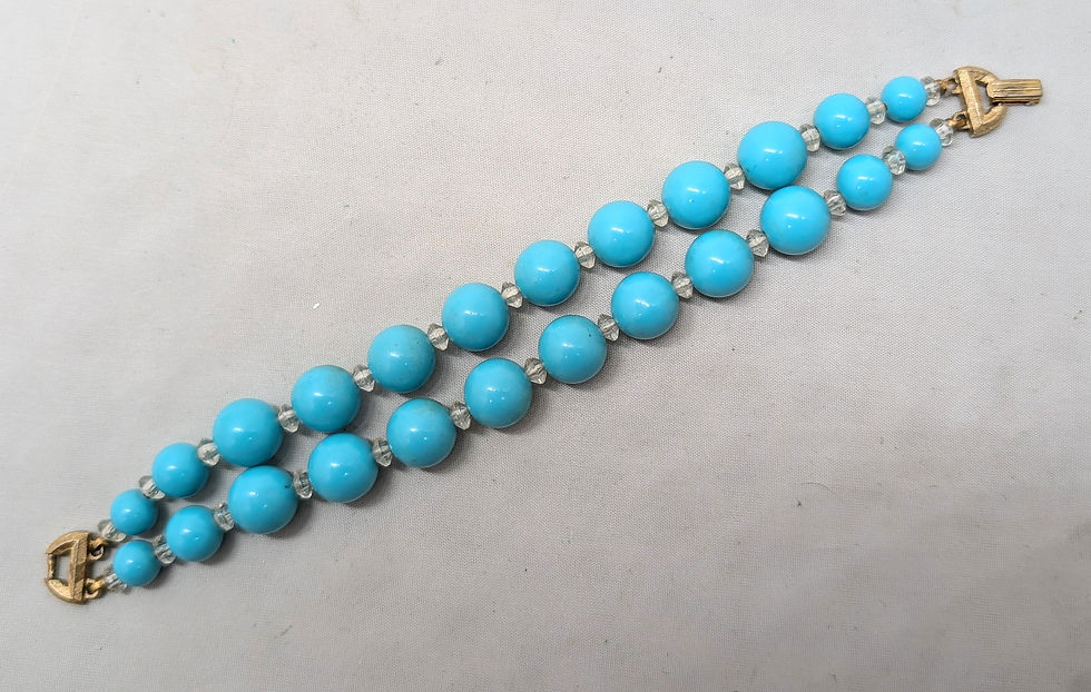 Thumbnail: Vintage 1960s Signed Crown Trifari 2-Strand Faux-Turquoise Beaded Bracelet