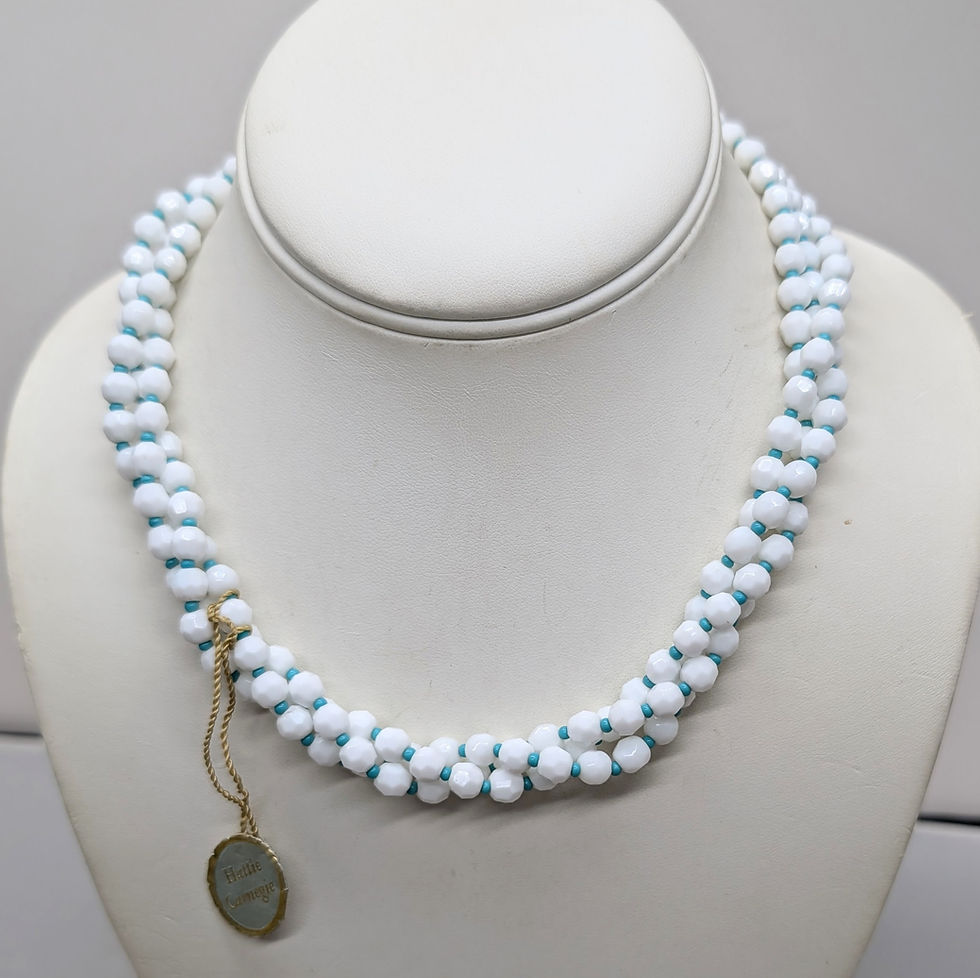 Thumbnail: Vintage Signed Hattie Carnegie 3-Strand White Beaded Faux-Turquoise Necklace
