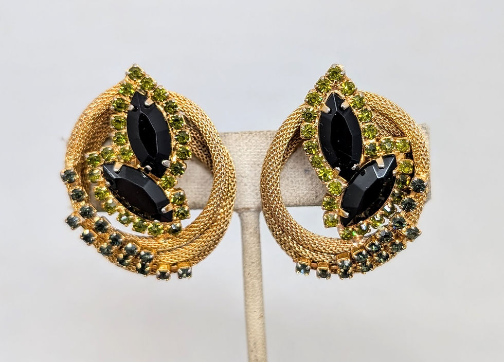 Thumbnail: Vintage 1960s Signed Hobe Goldtone Faux-Onyx & Peridot Clip Earrings