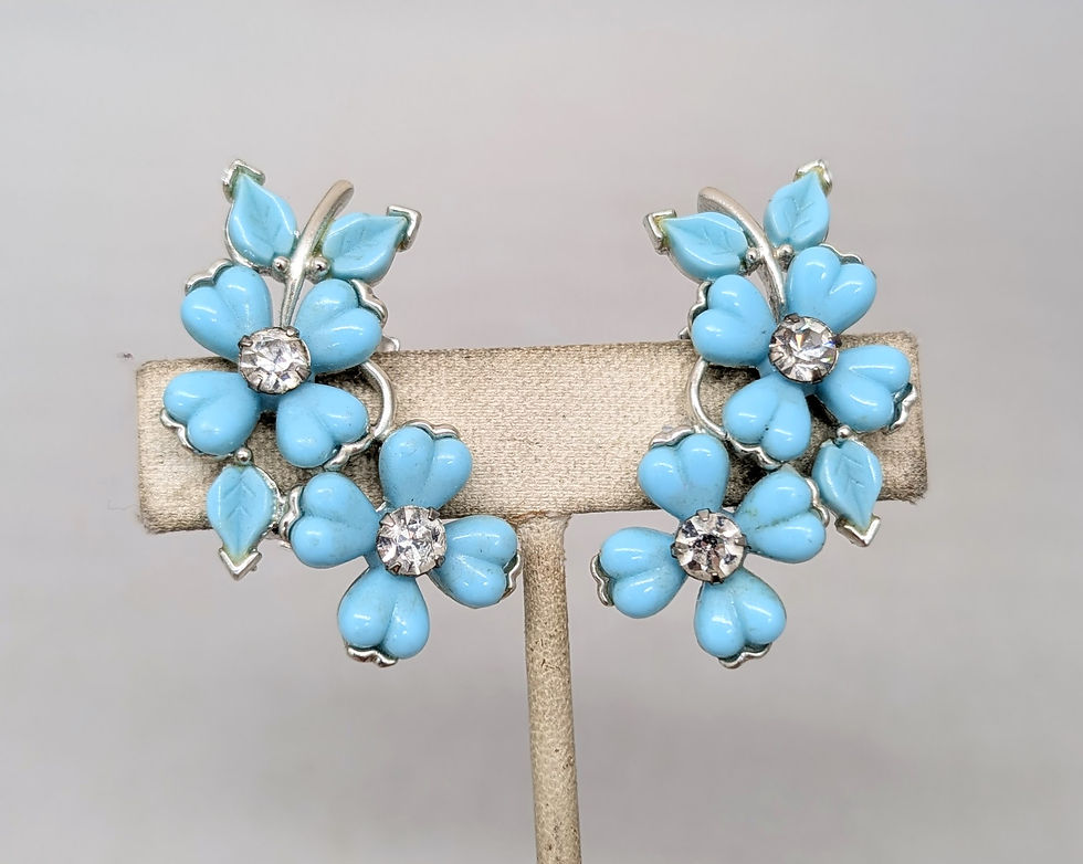 Thumbnail: Vintage Signed Kramer Baby Blue Double Flower Clear Rhinestone Clip Earrings