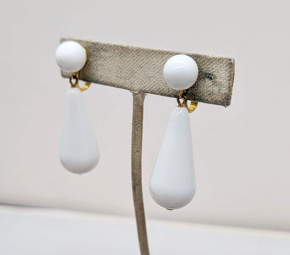 Thumbnail: Vintage 1950s Signed Crown Trifari White Drop Clip Earrings