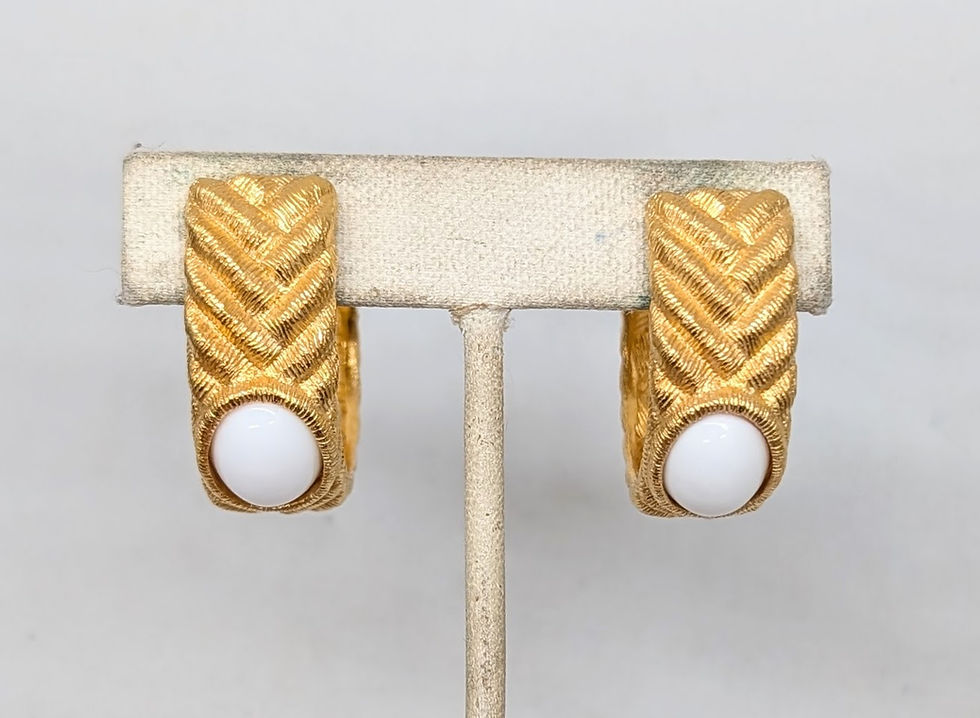 Thumbnail: Vintage 1980s Signed Givenchy Goldtone White Cabochon Half Hoop Clip Earrings