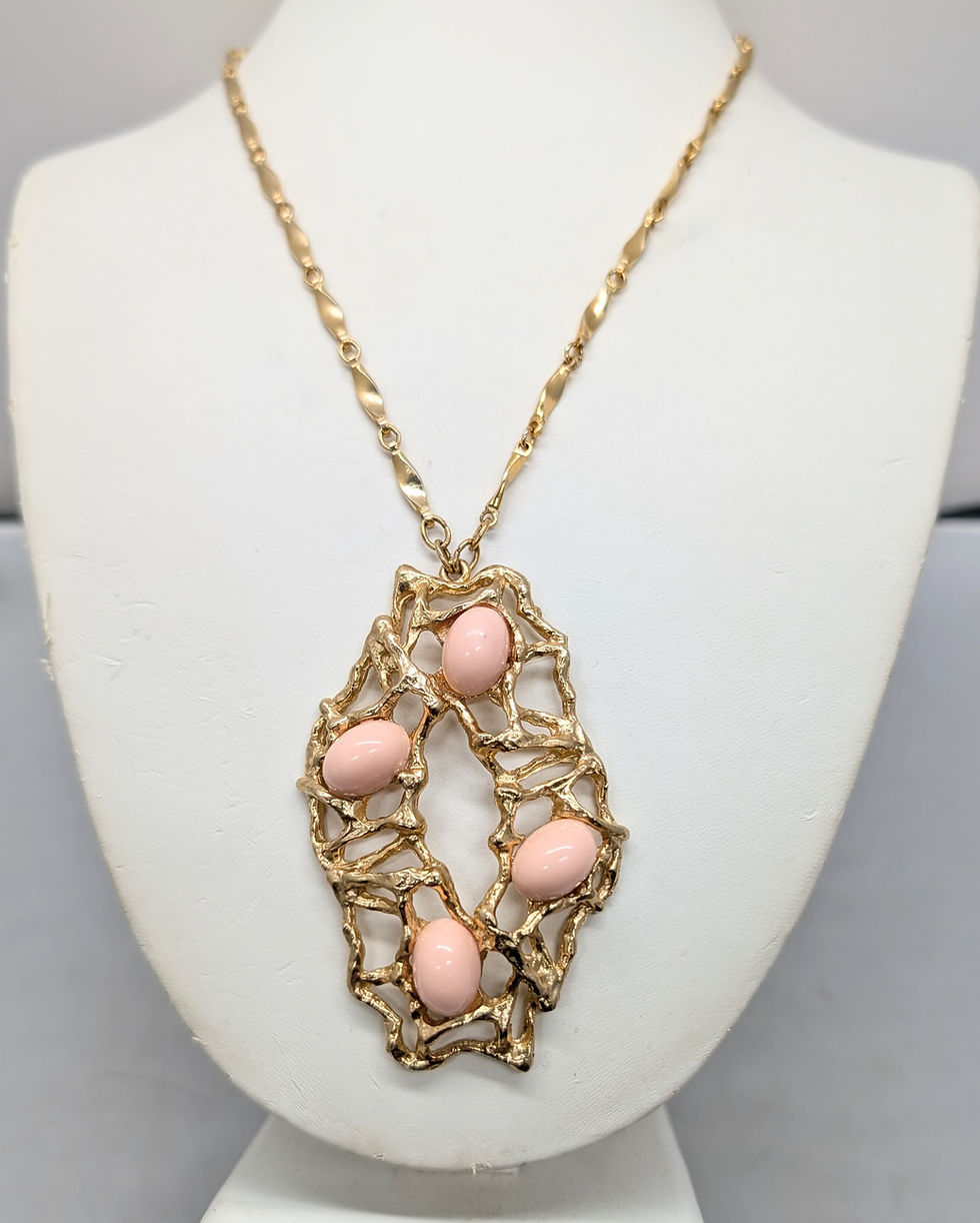 Thumbnail: Vintage 1973 Signed Napier Modernist Cabochon Faux-Coral Pendant Necklace