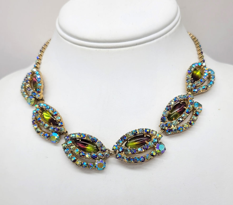 Thumbnail: Vintage Signed Hobe Rhinestone Green/Purple Givre & Aurora Borealis Necklace