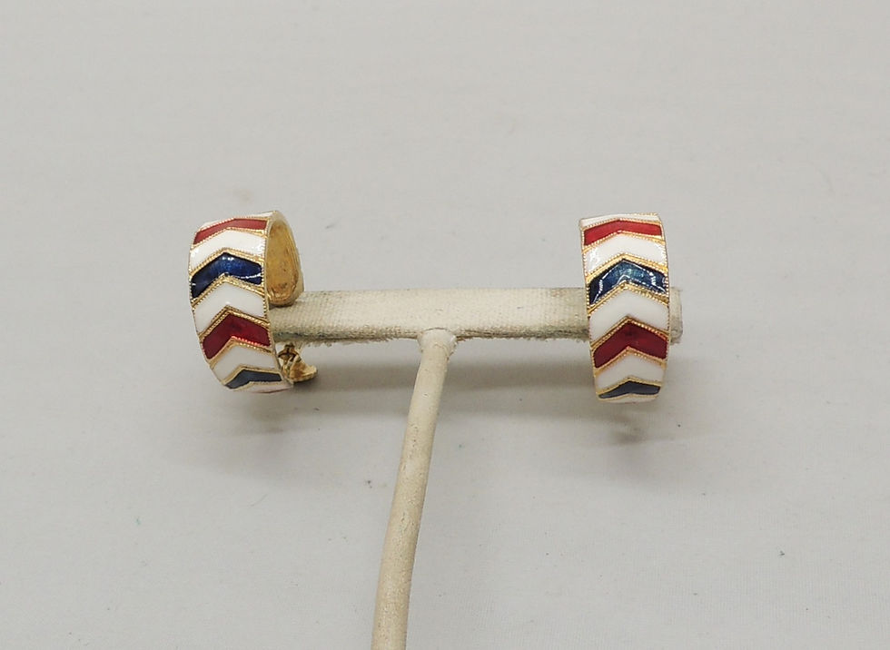 Thumbnail: Vintage 1960s Unsigned Red White & Blue Chevron Enamel Hoop Clip Earrings