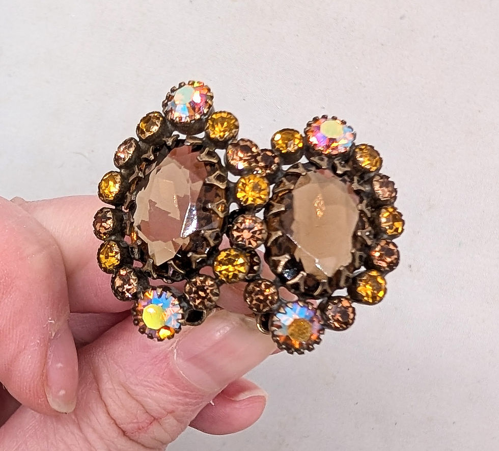 Thumbnail: Vintage 1960s Signed Kramer Ny Faux-Topaz Orange Aurora Borealis Clip Earrings