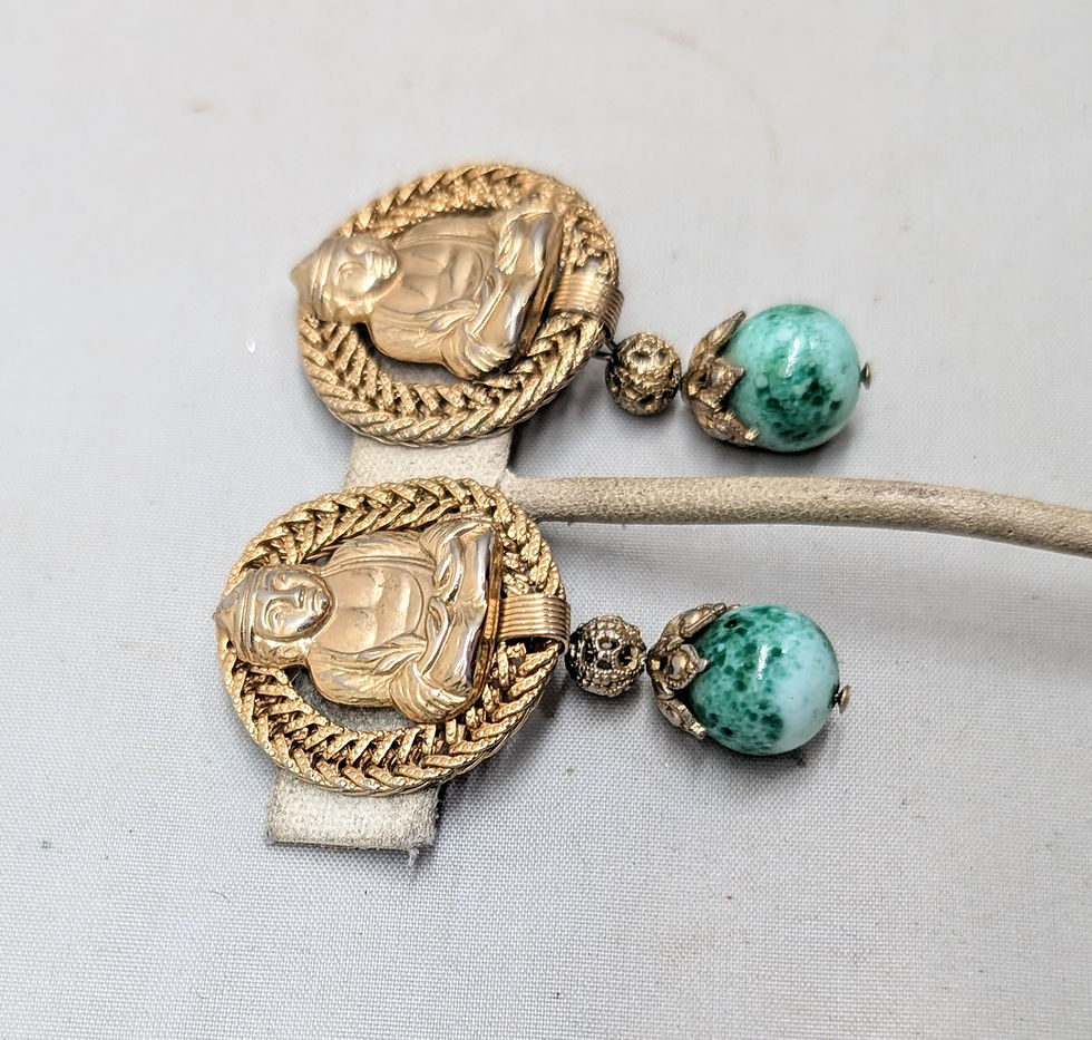 Thumbnail: Vintage 1960s Signed Napier Goldtone Buddha Faux-Jade Drop Clip Earrings