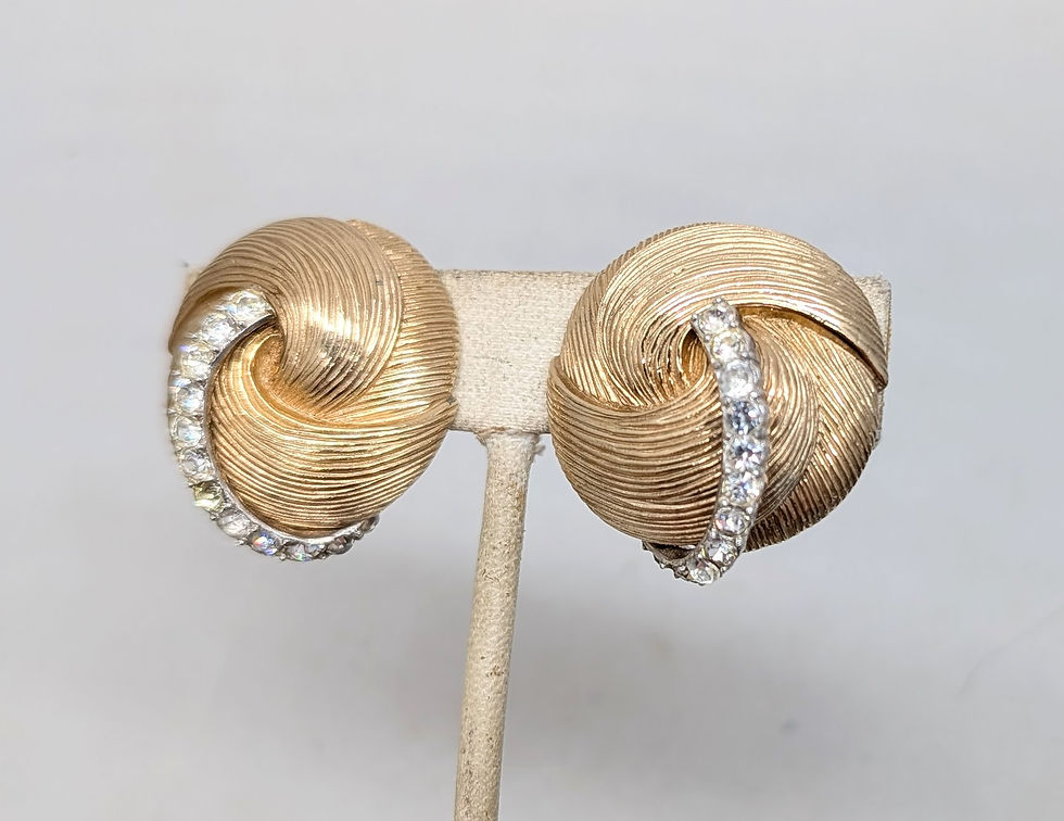 Thumbnail: Vintage Signed Castlecliff Goldtone Clear Rhinestone Swirl Clip Earrings