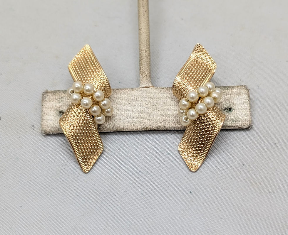 Thumbnail: Vintage 1950s Signed Napier Goldtone "Ribbon" Faux-Pearl Clip Earrings