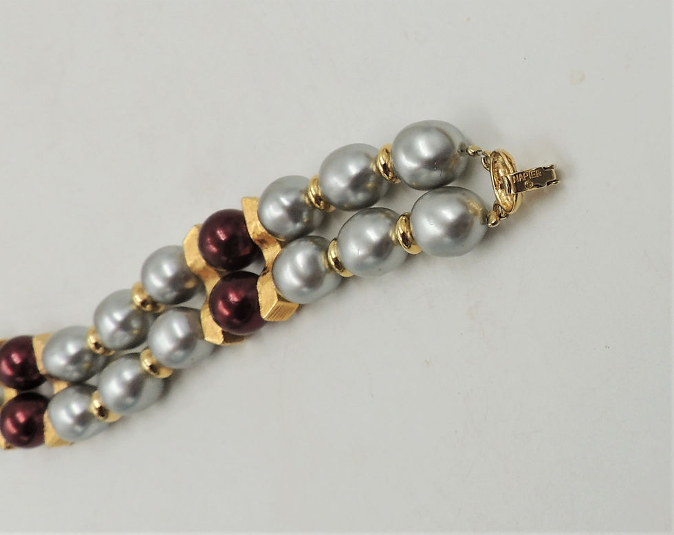 Thumbnail: 1980s Napier Grey Faux-Baroque Pearls with Red Bead Spacers Bracelet