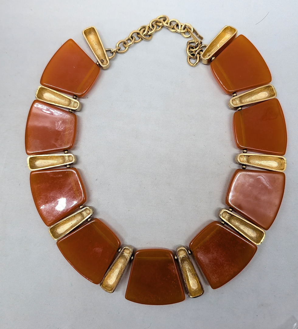 Thumbnail: Vintage 1970s Signed Valentino Garavani Goldtone Orange Resin Collar Necklace