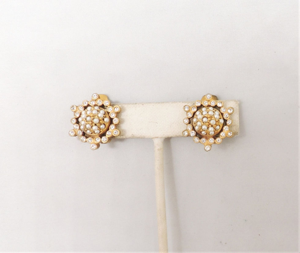 Thumbnail: Vintage Signed DeNicola Faux-Pearl & Rhinestone Clip Earrings