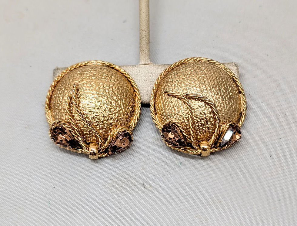 Thumbnail: Vintage 1950s Signed Napier Round Domed Goldtone Faux-Topaz Ribbon Clip Earrings