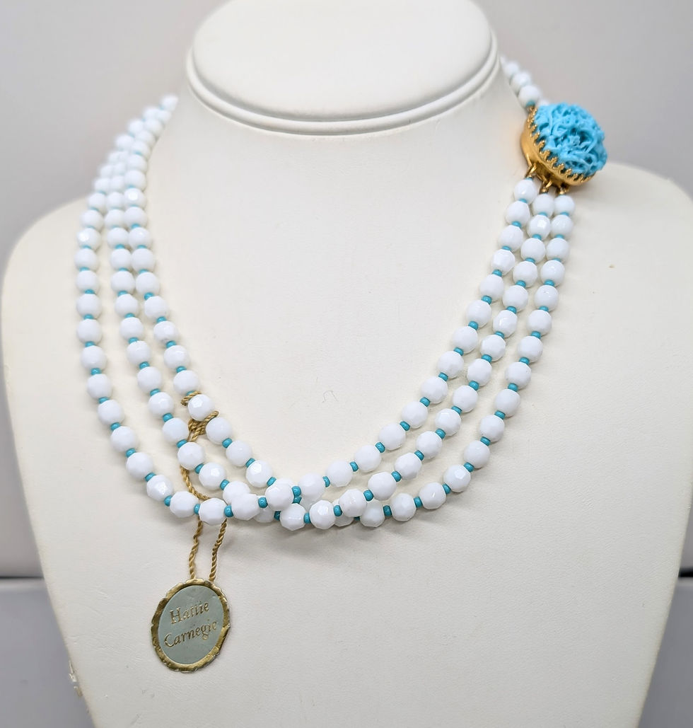 Thumbnail: Vintage Signed Hattie Carnegie 3-Strand White Beaded Faux-Turquoise Necklace