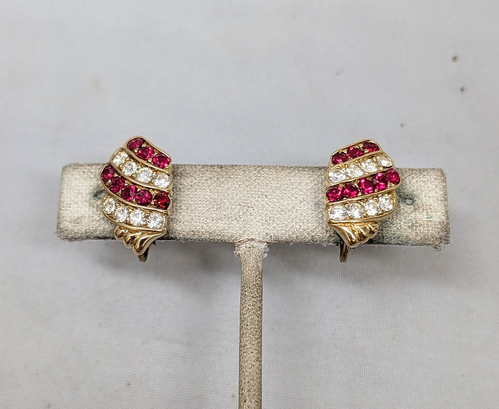 Thumbnail: Vintage 1980s Signed Trifari Goldtone Faux-Ruby & Clear Rhinestone Clip Earrings