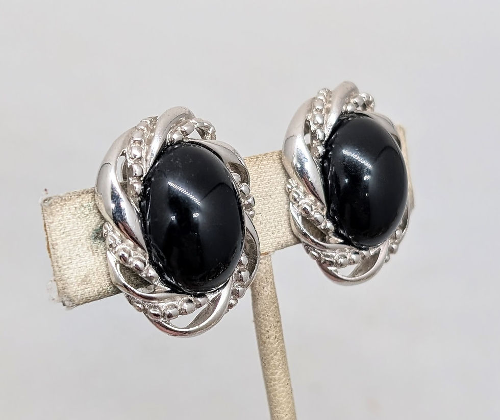 Thumbnail: Vintage 1980s Signed Givenchy Rhodium Plated Cabochon Faux-Onyx Clip Earrings