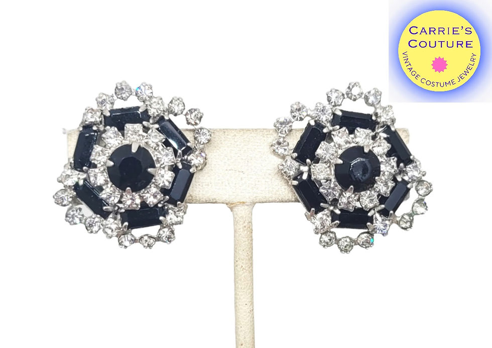 Vintage Signed Hattie Carnegie Faux-Onyx & Clear Rhinestone Clip Earrings