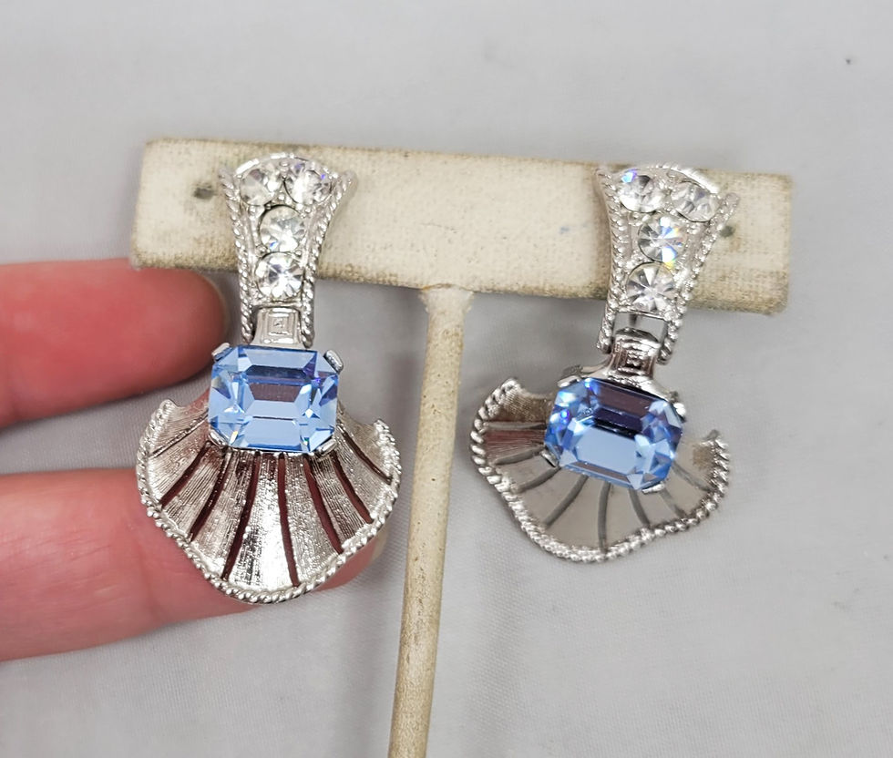 Thumbnail: Vintage Signed Vendome Faux-Aquamarine Clear Clip Earrings