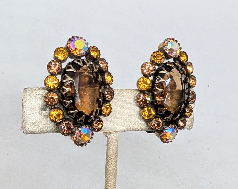 Thumbnail: Vintage 1960s Signed Kramer Ny Faux-Topaz Orange Aurora Borealis Clip Earrings
