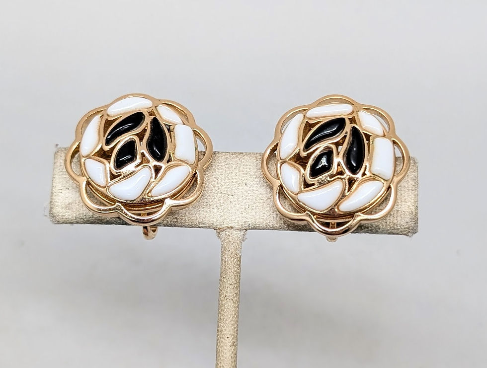 Thumbnail: Vintage 1966 Signed Crown Trifari Modern Mosaics White & Black Clip Earrings