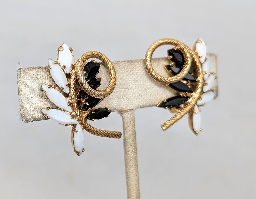 Thumbnail: Vintage Signed Napier Faux-Onyx & White Marquise Rhinestone Clip Earrings
