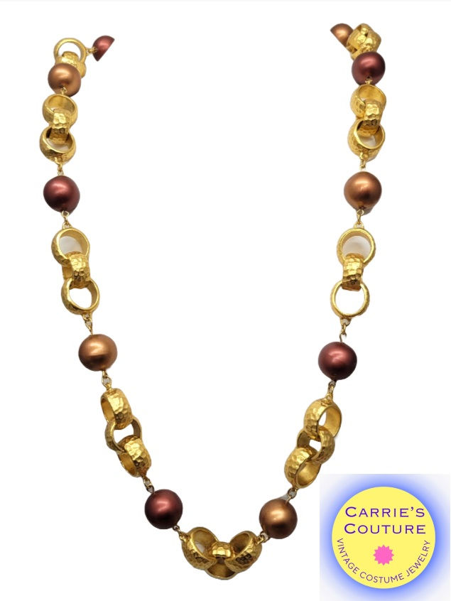 Vintage Signed Napier Hammered Goldtone Links With Red & Orange Beads Necklace,