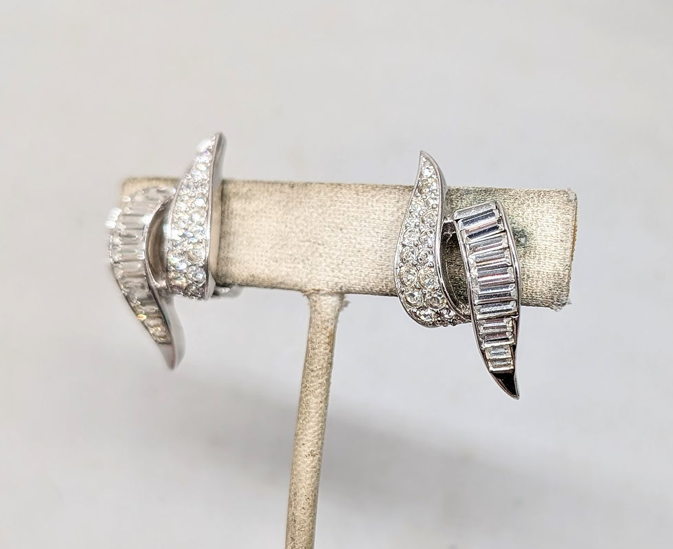 Thumbnail: Vintage 1950s Signed Boucher Baguette & Round Clear Rhinestone Clip Earrings