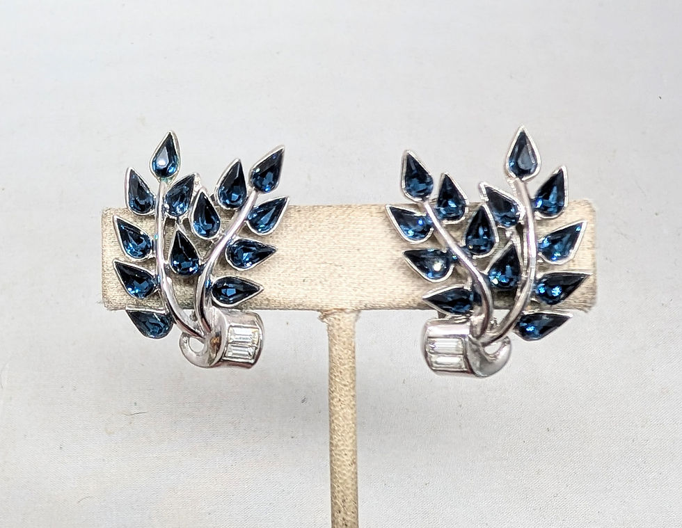 Thumbnail: Vintage Signed Crown Trifari Faux-Sapphire Leaf Clip Earrings