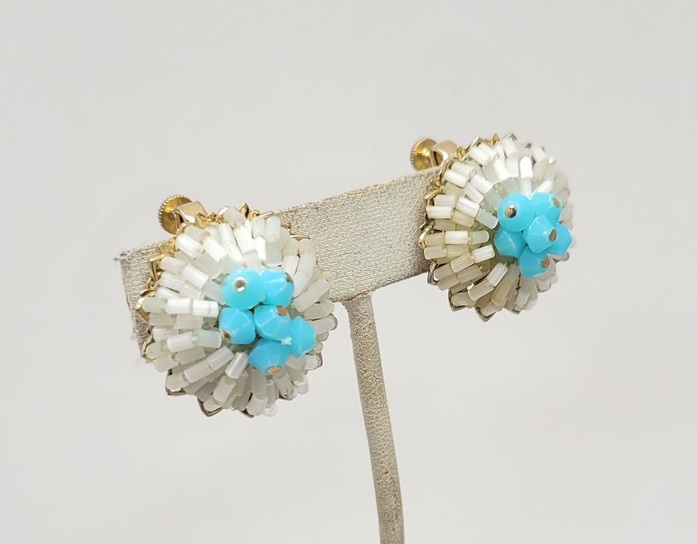 Thumbnail: Vintage 1960s Signed Vendome White & Turquoise Beaded Clip Earrings
