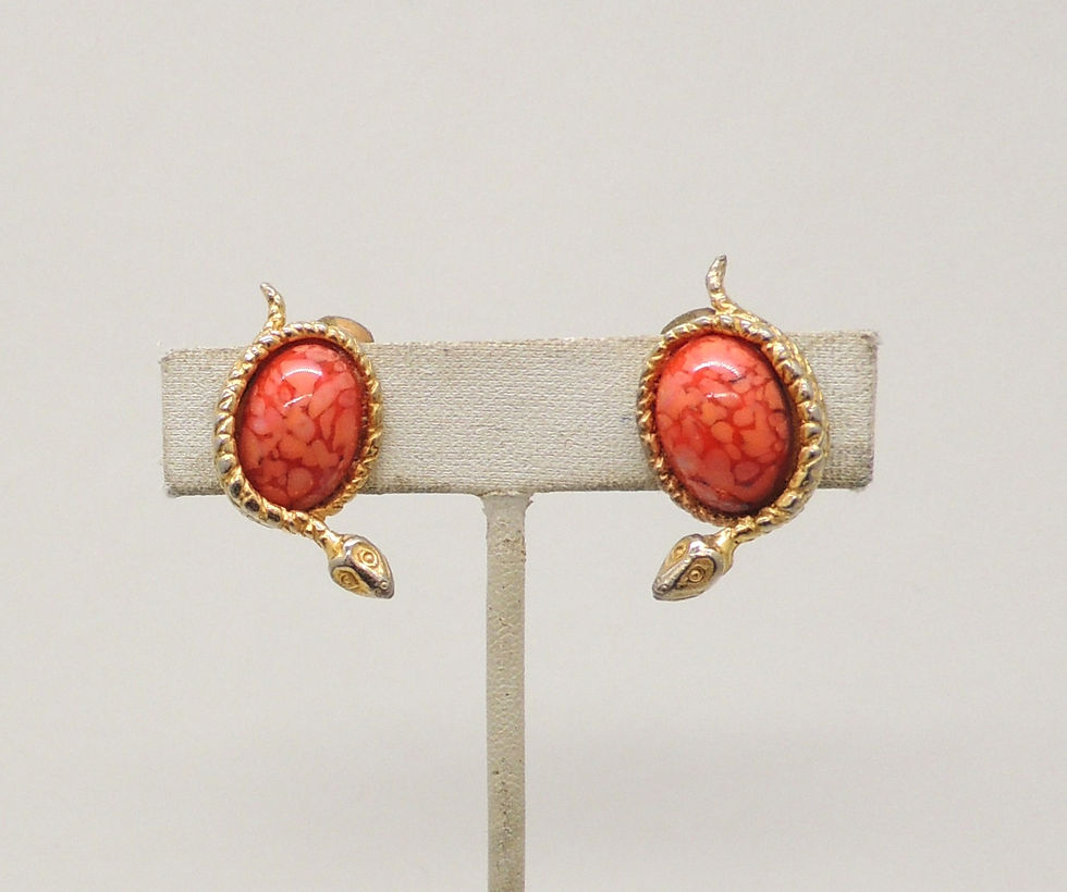 Thumbnail: Vintage 1960s Signed DeNicola Snake Cabochon Clip Earrings