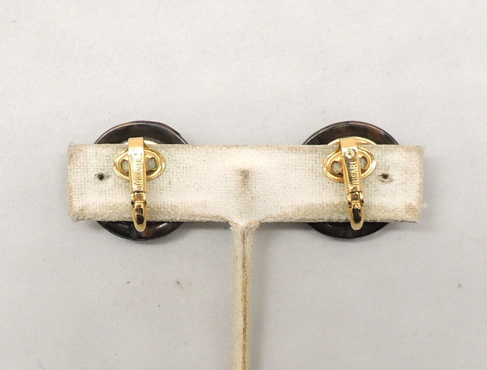 Thumbnail: Vintage 1970s Signed Crown Trifari Round Carved Brown Resin Flower Clip Earrings