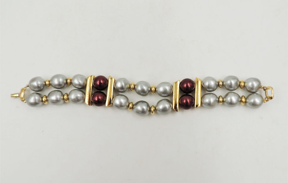Thumbnail: 1980s Napier Grey Faux-Baroque Pearls with Red Bead Spacers Bracelet