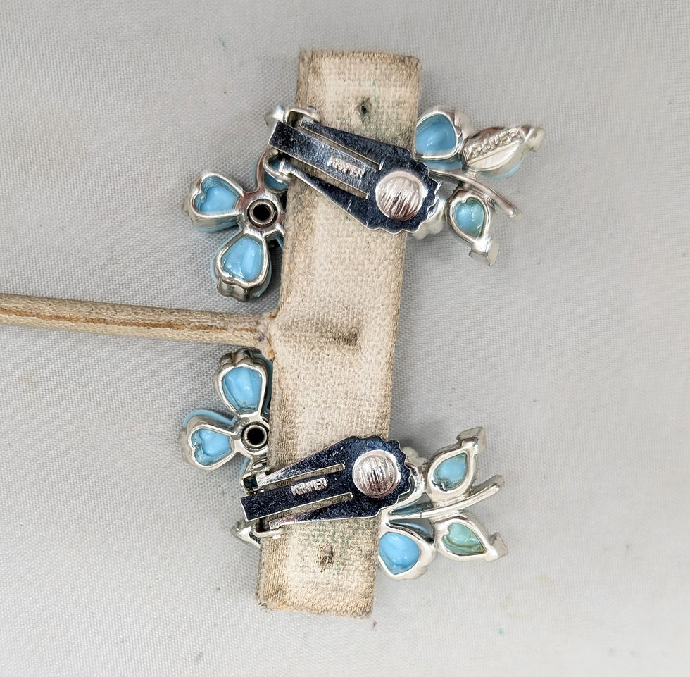 Thumbnail: Vintage Signed Kramer Baby Blue Double Flower Clear Rhinestone Clip Earrings