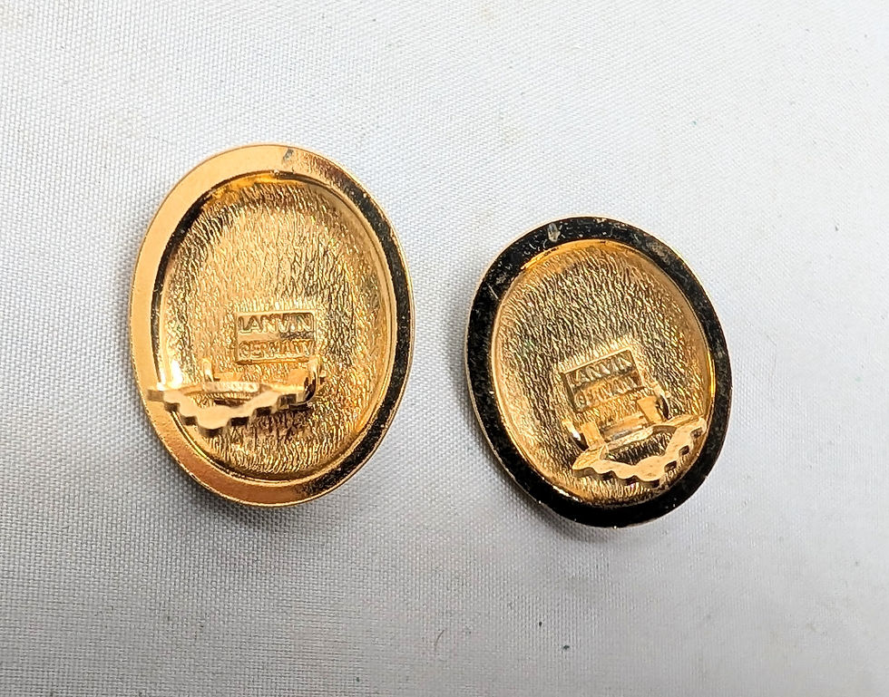 Thumbnail: Vintage Signed Lanvin Oval Cabochon Faux-Onyx & Clear Rhinestone Clip Earrings