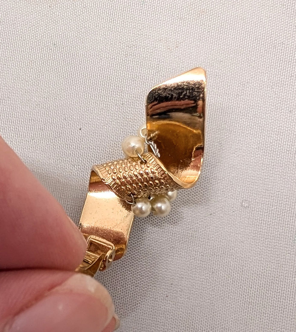 Thumbnail: Vintage 1950s Signed Napier Goldtone "Ribbon" Faux-Pearl Clip Earrings