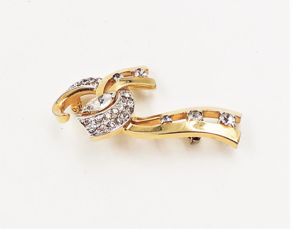 Thumbnail: 1940s Mazer Goldtone Clear Rhinestone Ribbon Brooch