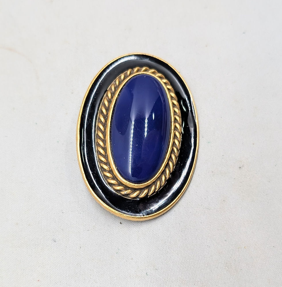 Thumbnail: Vintage 1980s Signed Ysl Oval Goldtone Cabochon Faux-Lapis & Black Enamel Brooch