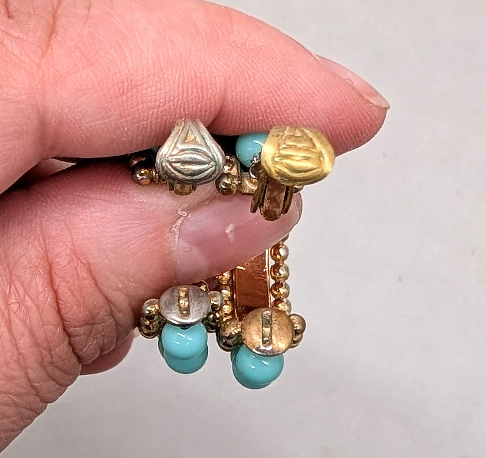 Thumbnail: Vintage 1950s Signed Napier Goldtone Faux-Turquoise Hoop Clip Earrings