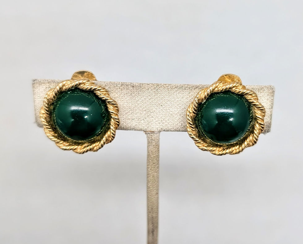 Thumbnail: Vintage 1950s Signed Hattie Carnegie Round Cabochon Faux-Jade Clip Earrings