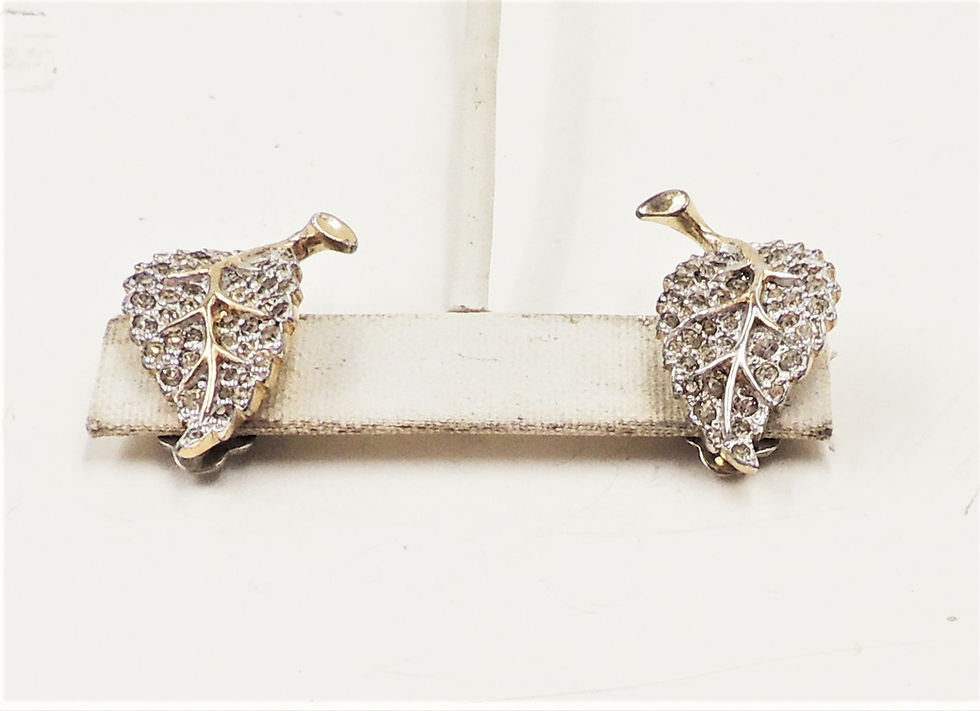 Thumbnail: Vintage 1960s Signed Jomaz Pave Clear Rhinestone Leaf Clip Earrings