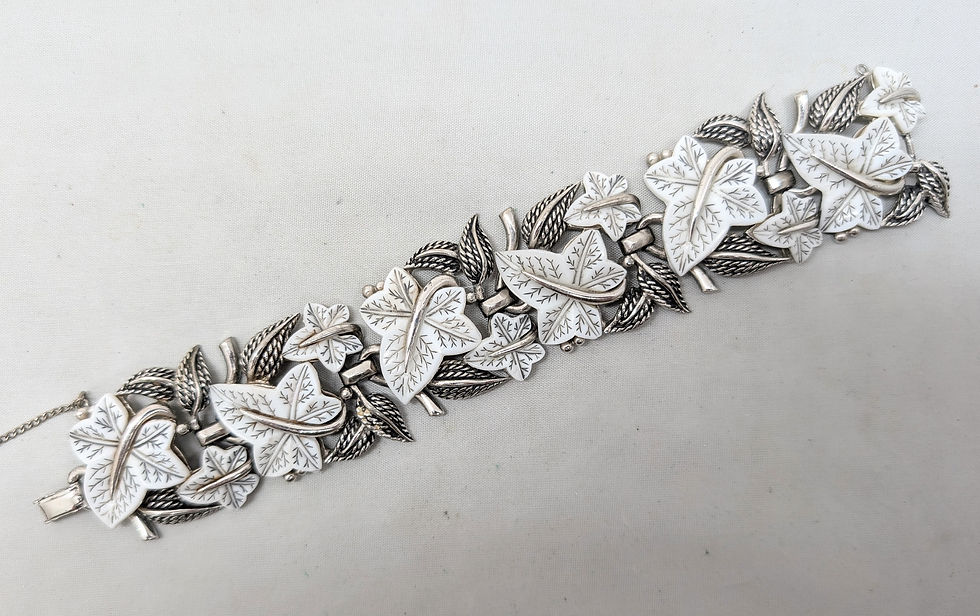 Thumbnail: Vintage 1950s Signed Boucher Wide White Thermoset Leaves Bracelet