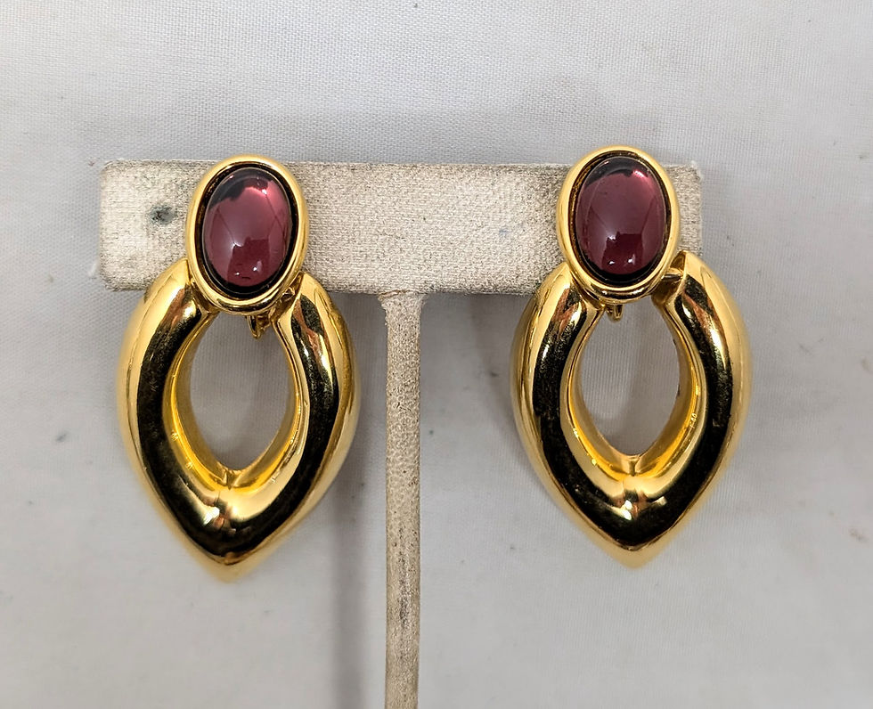 Thumbnail: Vintage 1988 Signed Napier Goldtone Cabochon Faux-Amethyst Drop Clip Earrings