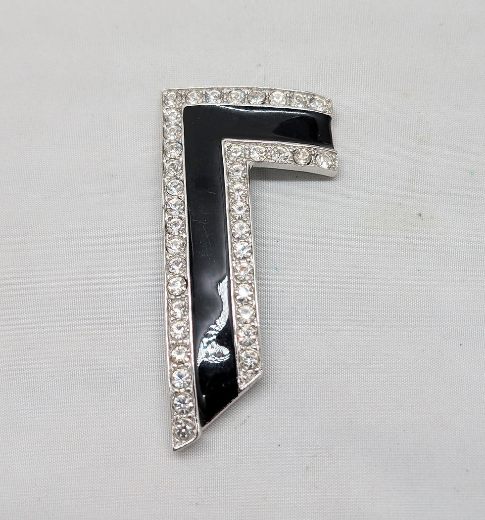 Thumbnail: Vintage 1980s Signed Alexis Kirk Black Enamel & Clear Rhinestone v Shape Brooch