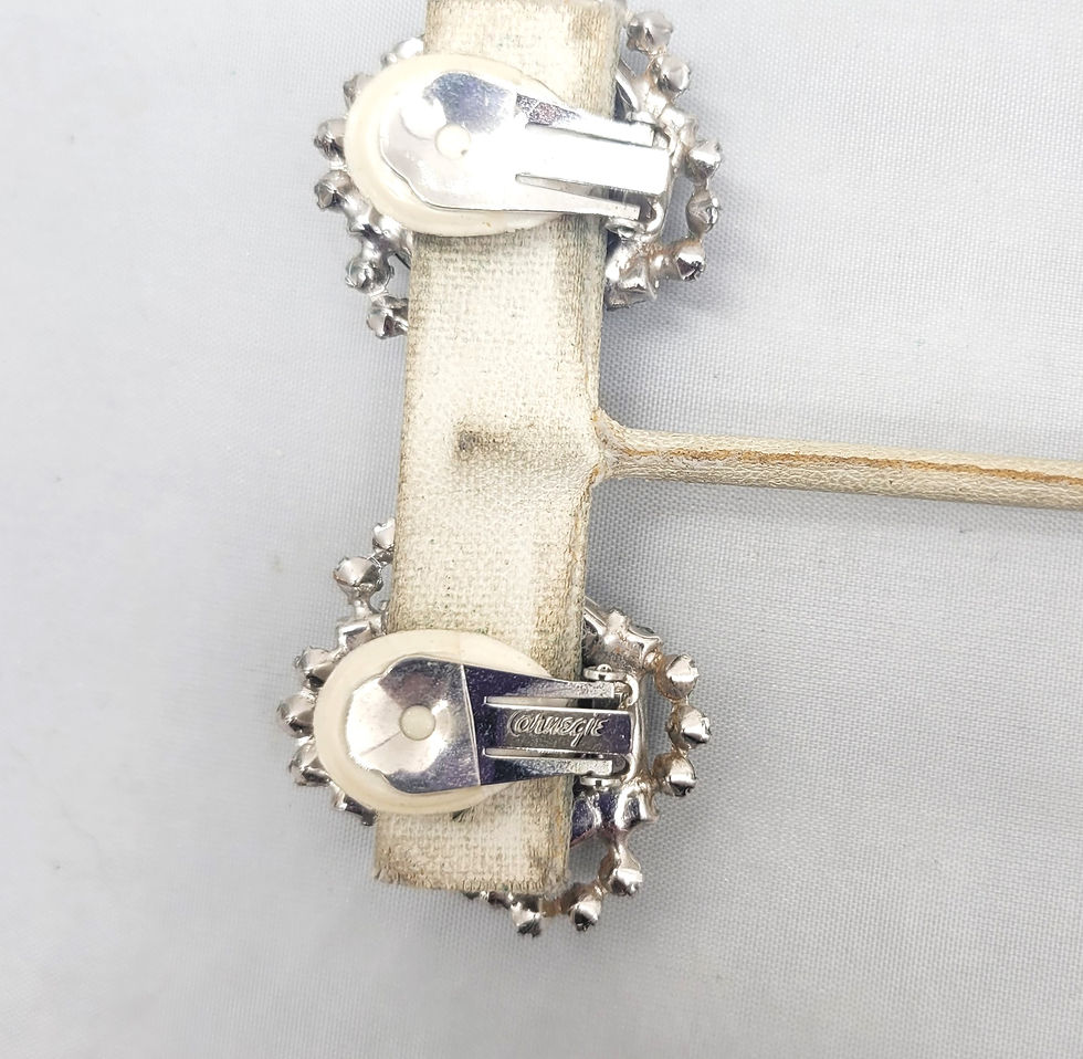 Thumbnail: Vintage Signed Hattie Carnegie Faux-Onyx & Clear Rhinestone Clip Earrings
