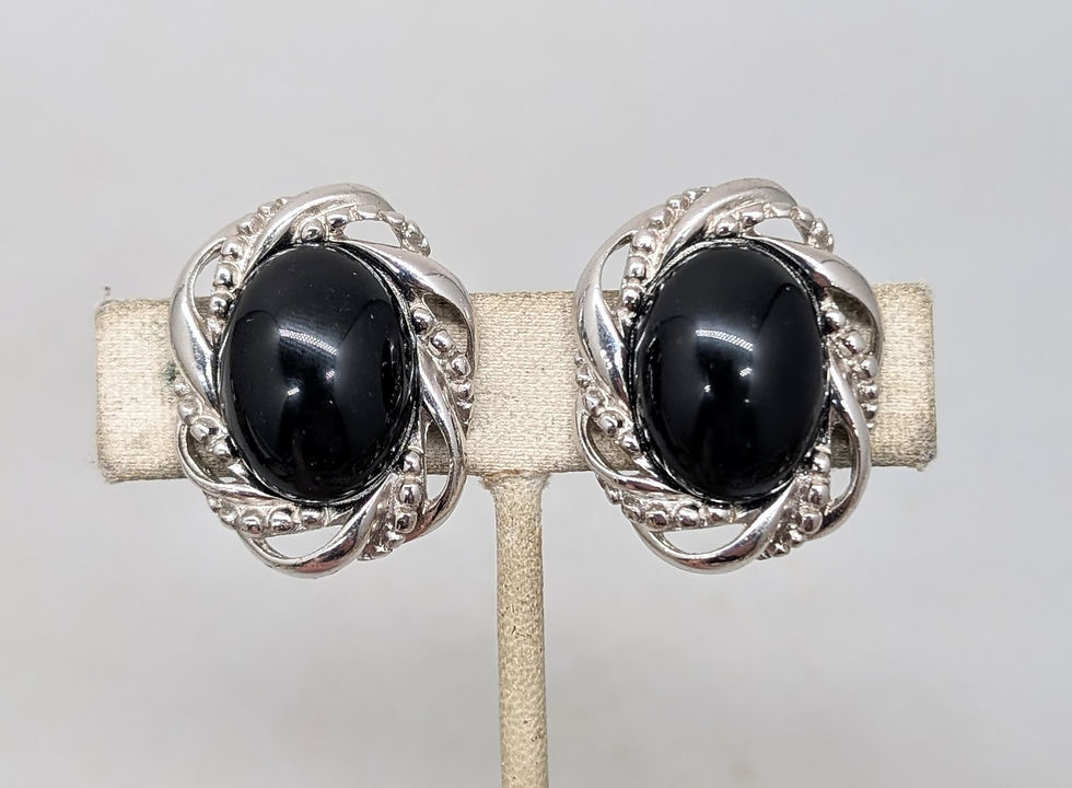 Thumbnail: Vintage 1980s Signed Givenchy Rhodium Plated Cabochon Faux-Onyx Clip Earrings