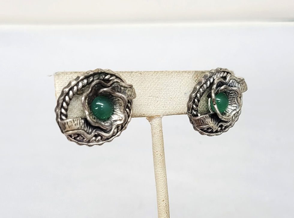 Thumbnail: Vintage 1950s Signed Napier Sterling Cabochon Faux-Jade Clip Earrings