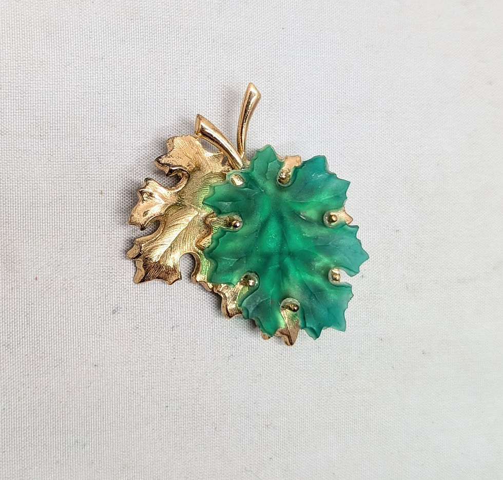 Thumbnail: Vintage Signed Napier Goldtone Over Sterling & Green Glass Leaves Brooch